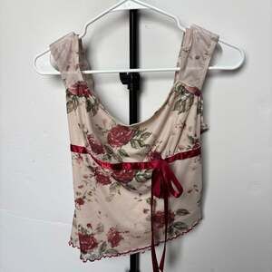 SHEIN MOD Retro Floral Rose Print Asymmetrical Hem Ribbon Bow Cami Top L